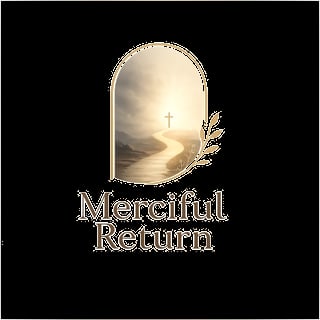 Logo for Merciful Return featuring a glowing cross and path within an arched frame on black background