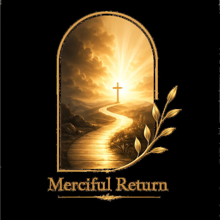 Golden archway framing a glowing cross on a sunlit path through mountains with olive branch and Merciful Return text